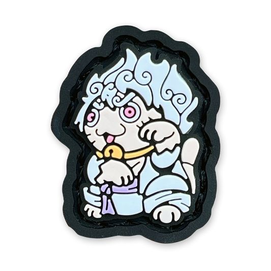 Gear 5 Luffy Neko RE PVC ranger eye patch of an anime character with white hair and white clothes in a lucky cat maneko pose.