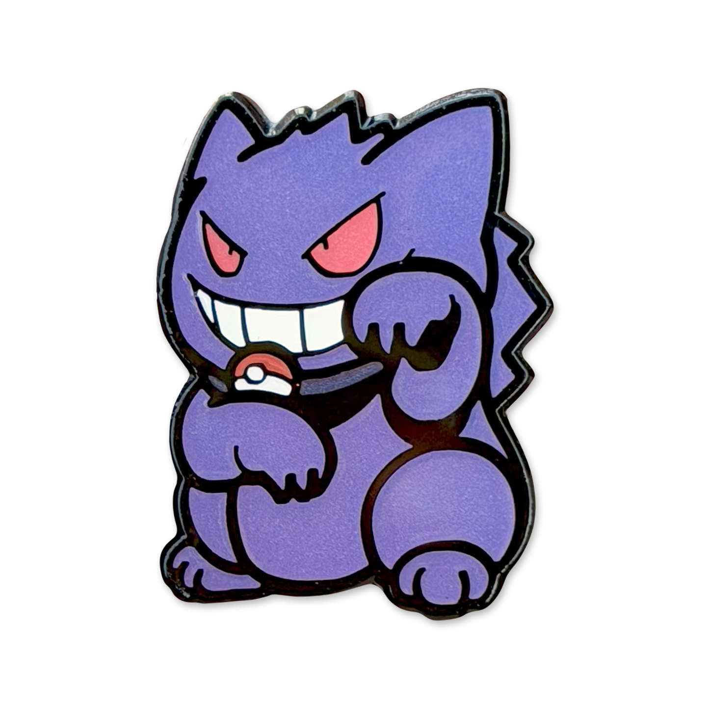 Gengar Neko Pin Cartoon character with a purple body and red eyes on a white background.