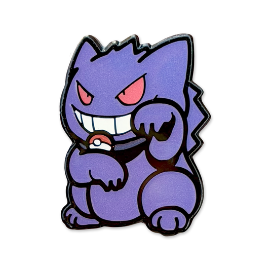 Gengar Neko Pin Cartoon character with a purple body and red eyes on a white background.