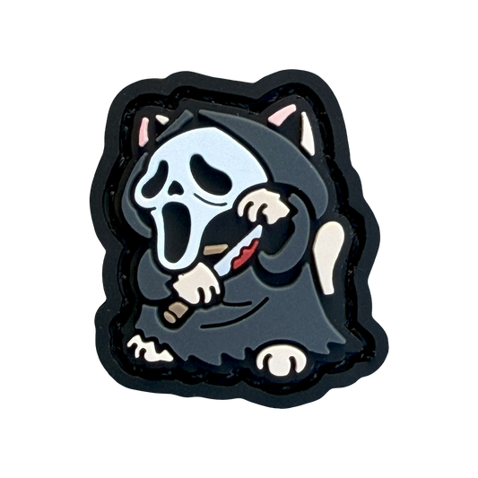Ghost face Neko RE Halloween patch depicting a cat wearing a black dobe, white mask, holding up a knife in a maneki neko lucky cat pose.