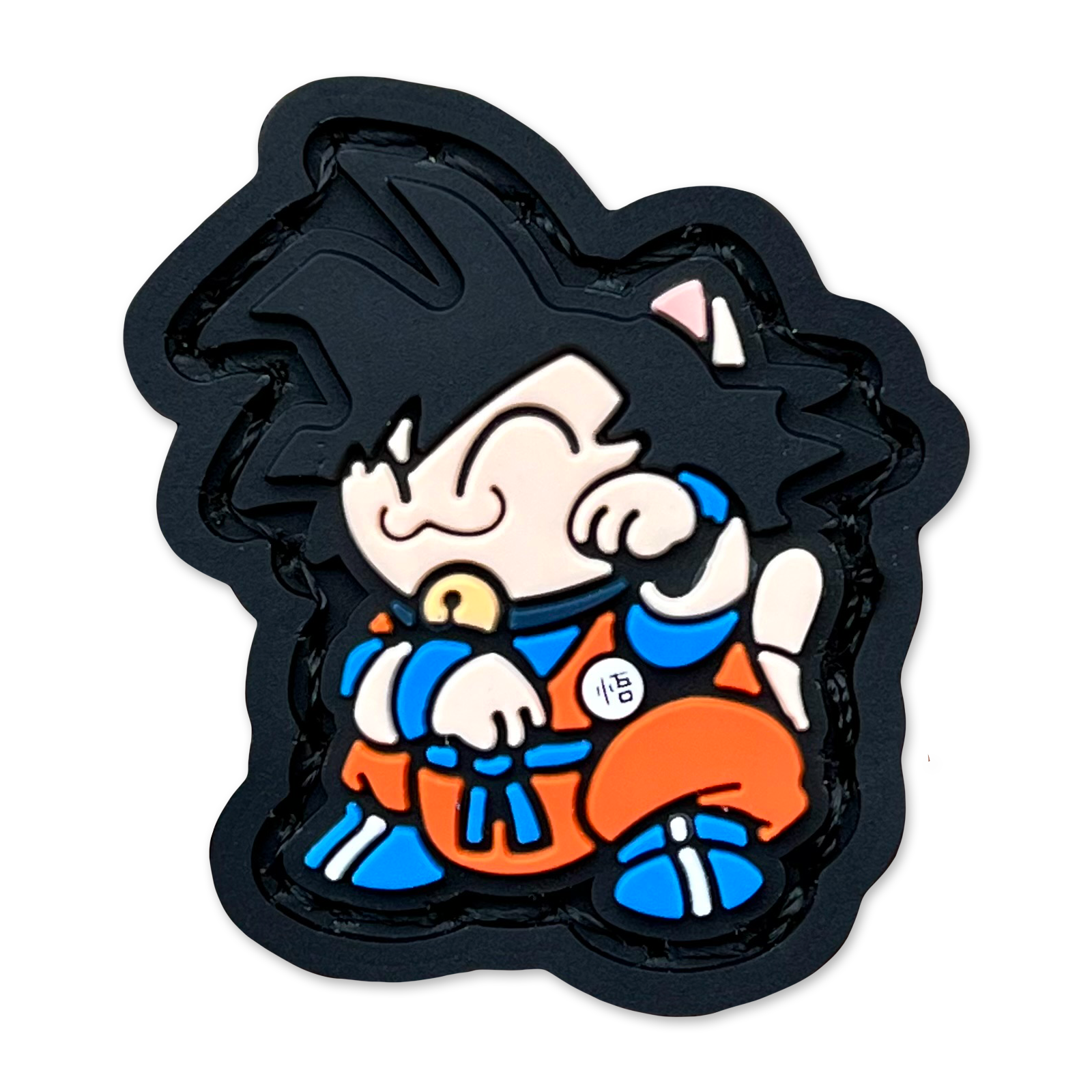 Cartoon character with black hair and orange outfit on a black background