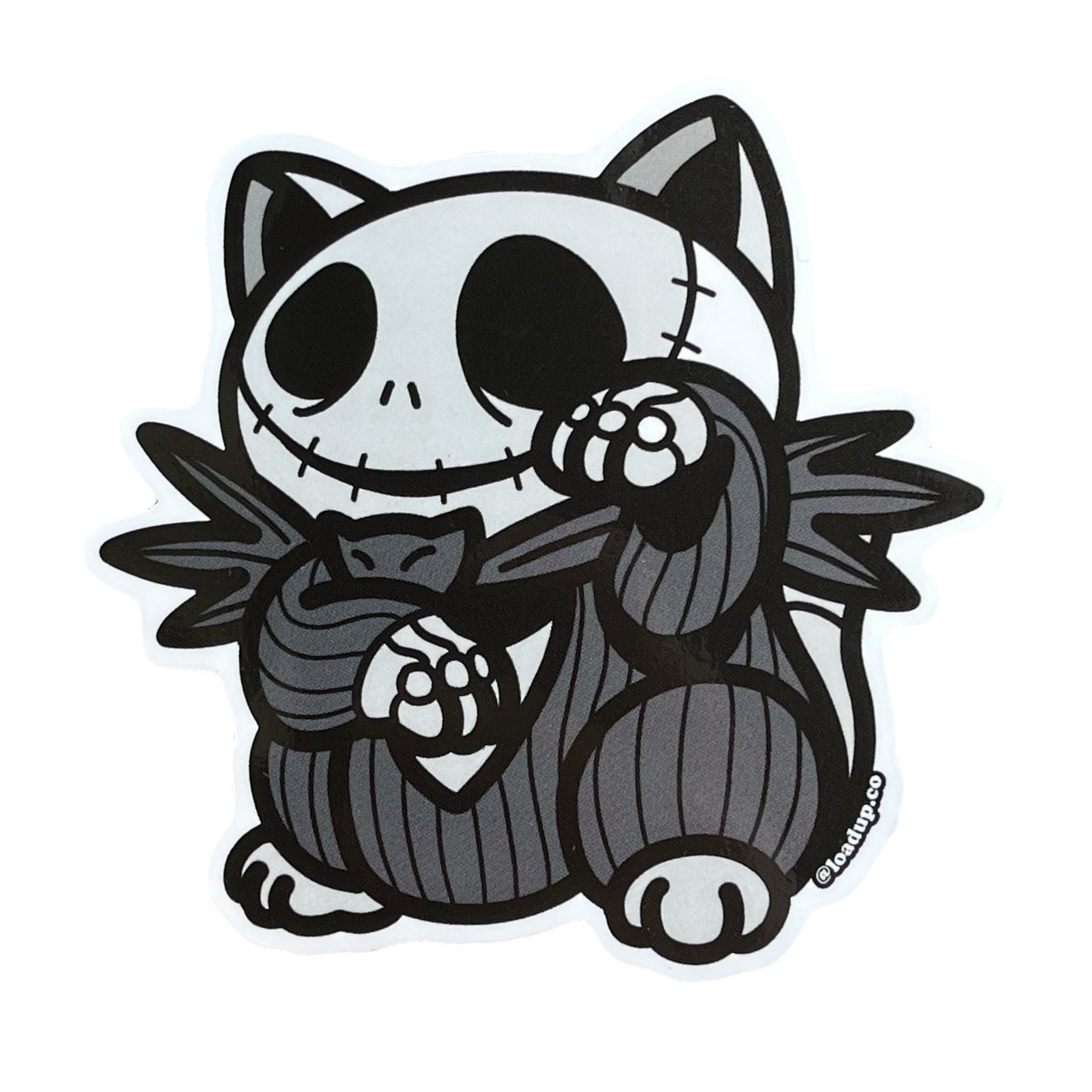 Jack Neko Sticker of a skeleton character wearing a suit in a lucky cat maneki-neko  pose.