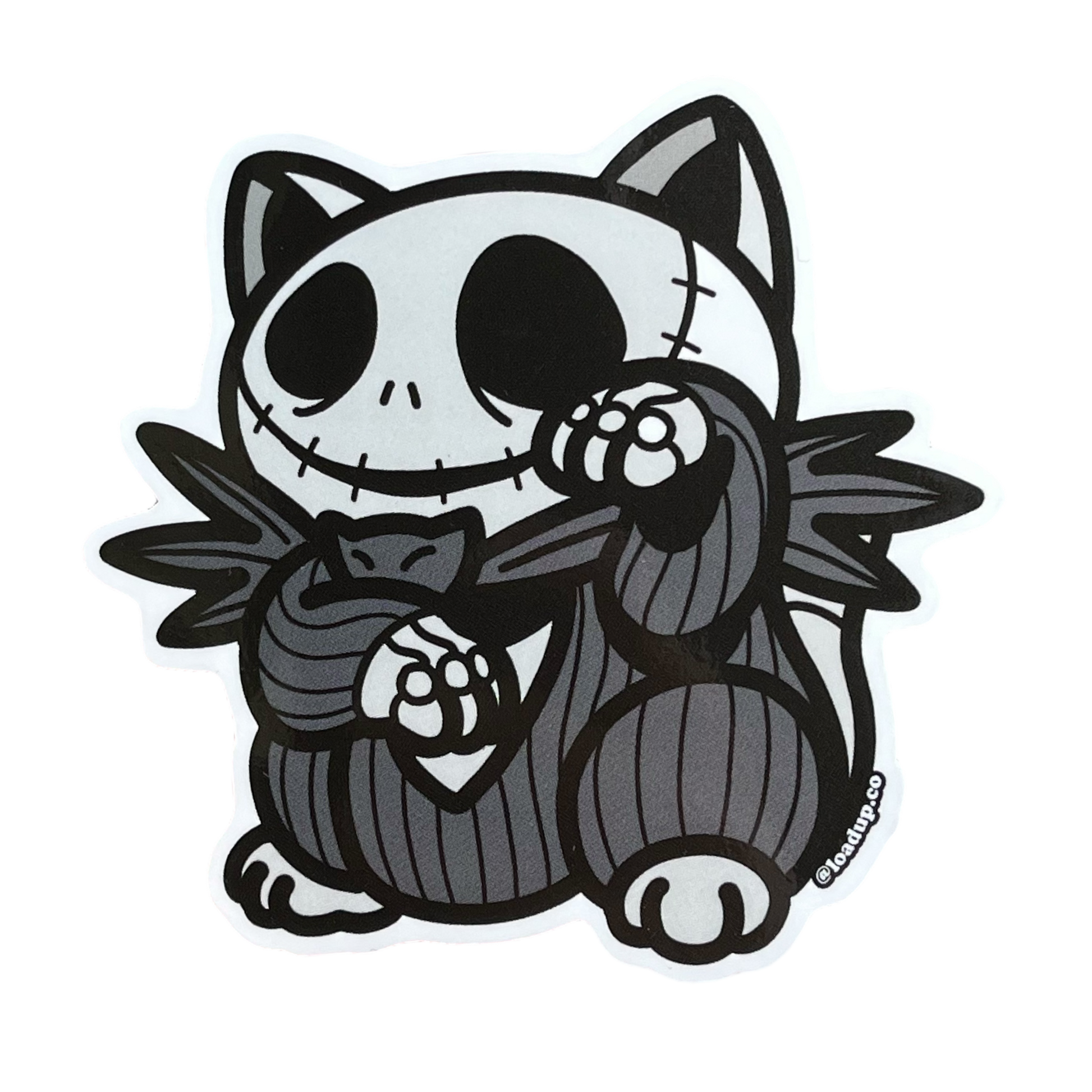 Jack Neko Sticker of a skeleton character wearing a suit in a lucky cat maneki-neko  pose.