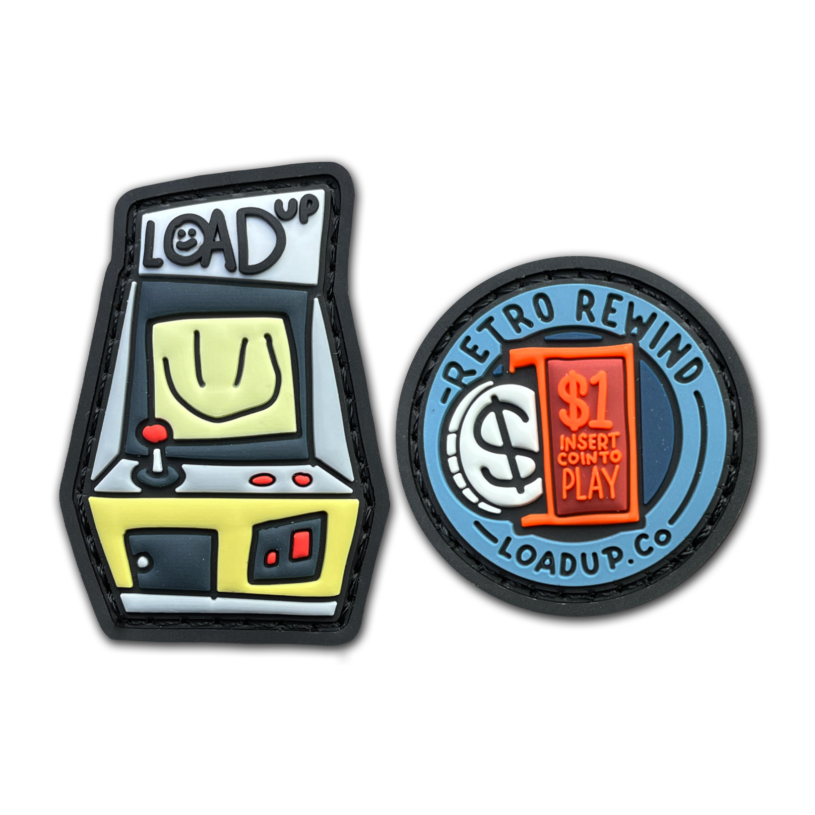 LOADUP Arcade & Insert Token RE set PVC ranger eye morale patch of a green arcade cabinet labeled LOADUP and a token coin that says RETRO REWIND $1 INSERT COIN TO PLAY LOADUP.CO