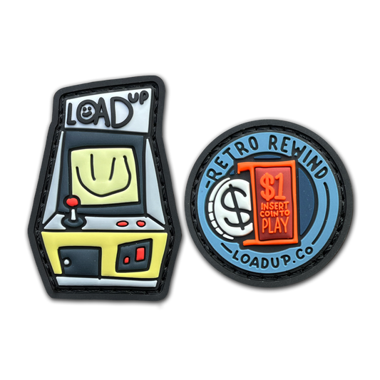 LOADUP Arcade & Insert Token RE set PVC ranger eye morale patch of a green arcade cabinet labeled LOADUP and a token coin that says RETRO REWIND $1 INSERT COIN TO PLAY LOADUP.CO
