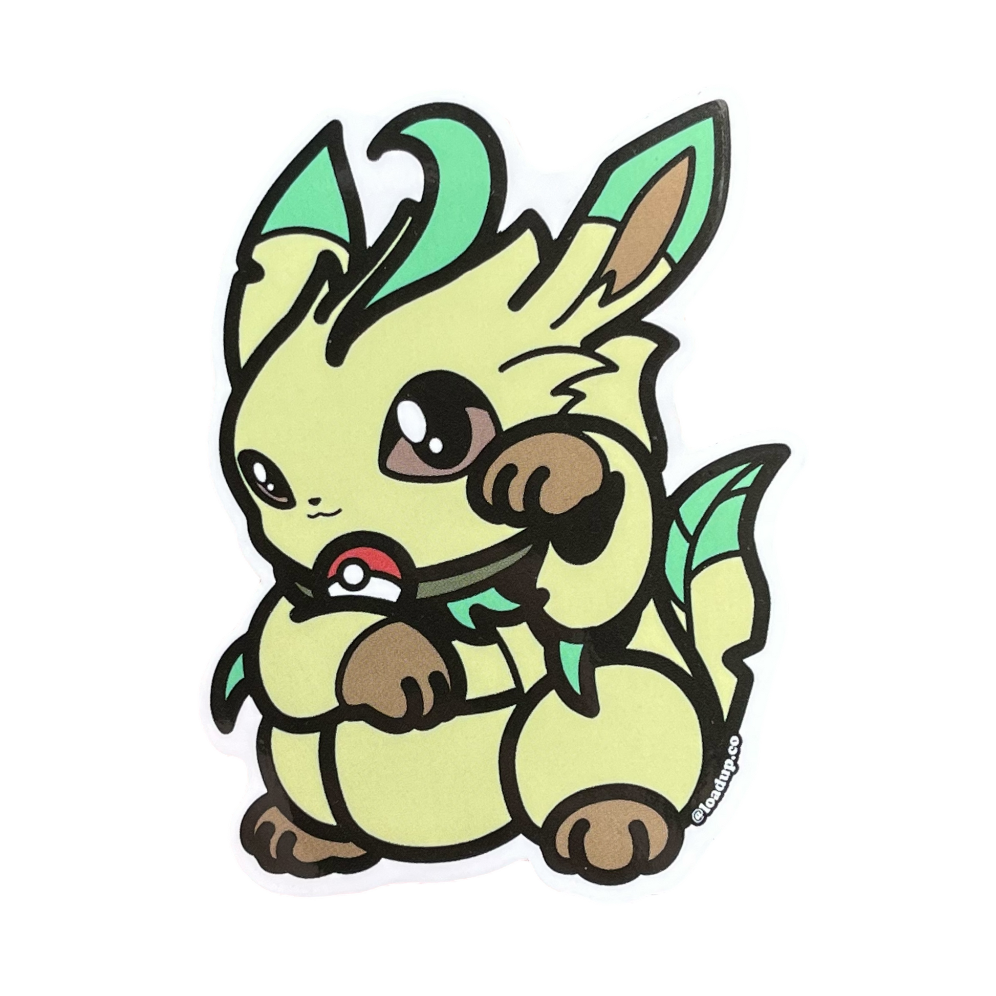 Leafeon Neko Sticker of a green monster cartoon character in a lucky cat maneki-neko pose.