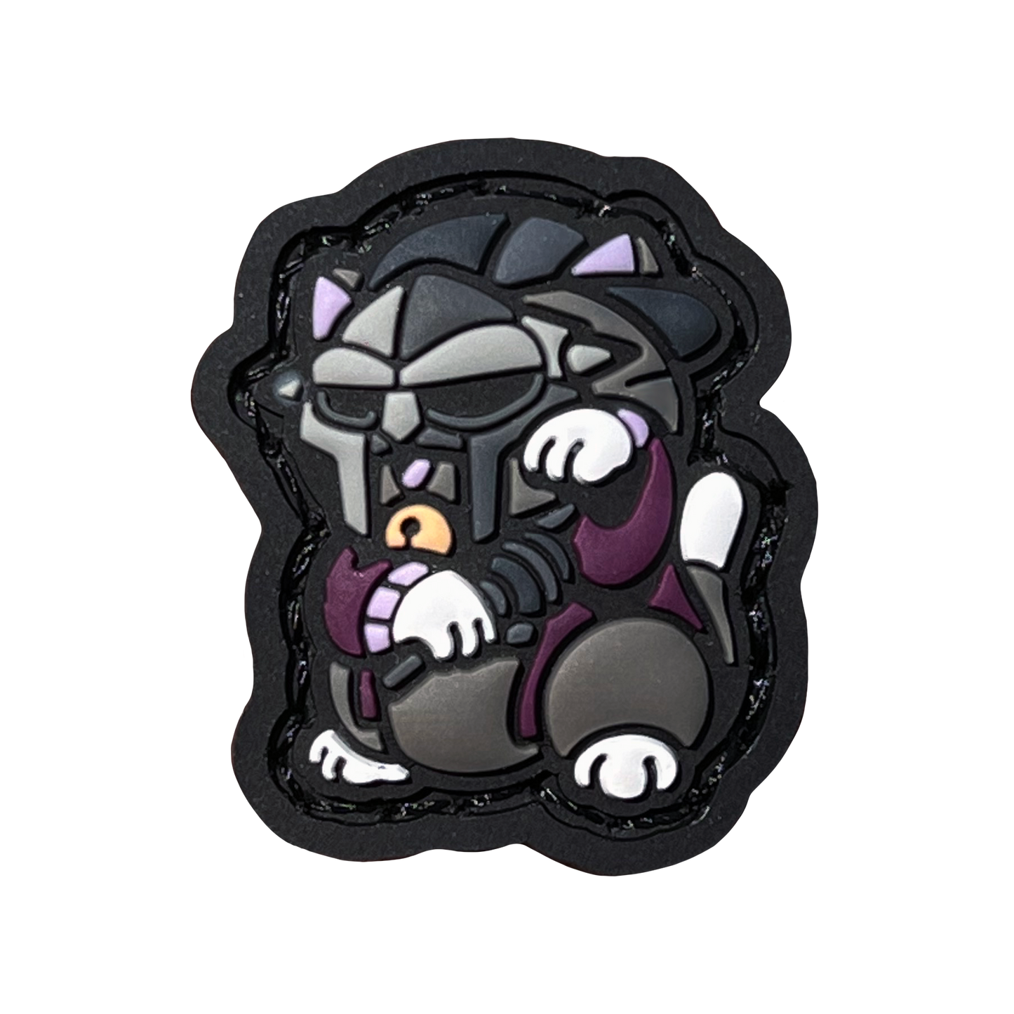 MF Doom Neko RE PVC ranger eye morale patch of a rapper sitting in a lucky cat maneki-neko pose.