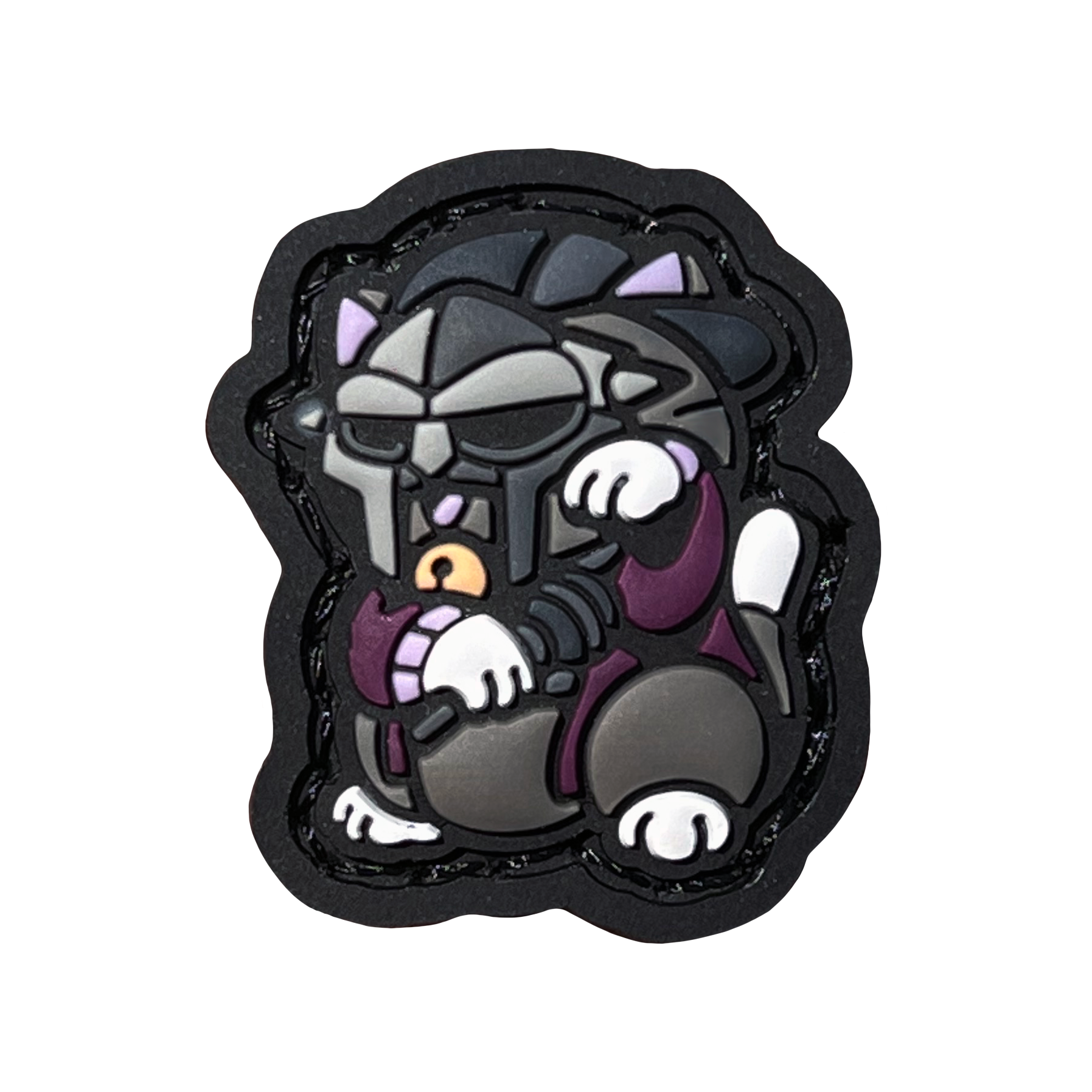 MF Doom Neko RE PVC ranger eye morale patch of a rapper sitting in a lucky cat maneki-neko pose.