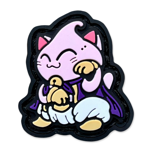 Majin Buu Neko RE colorful pink cartoon character in a lucky cat maneko pose.
