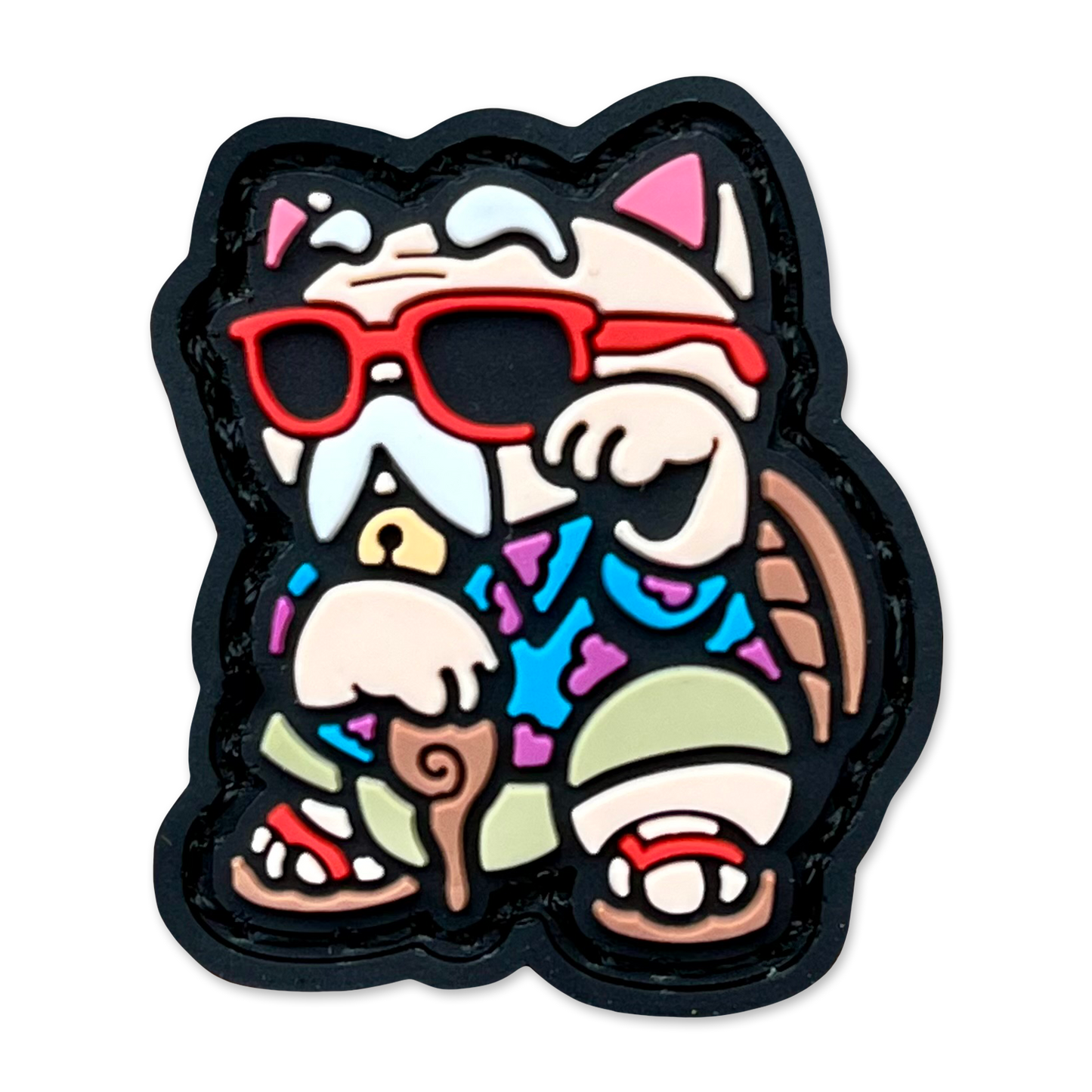 Master Hermit Neko RE ranger eye pvc morale patch of Colorful cat patch showing an old man with a cane and sunglasses. 