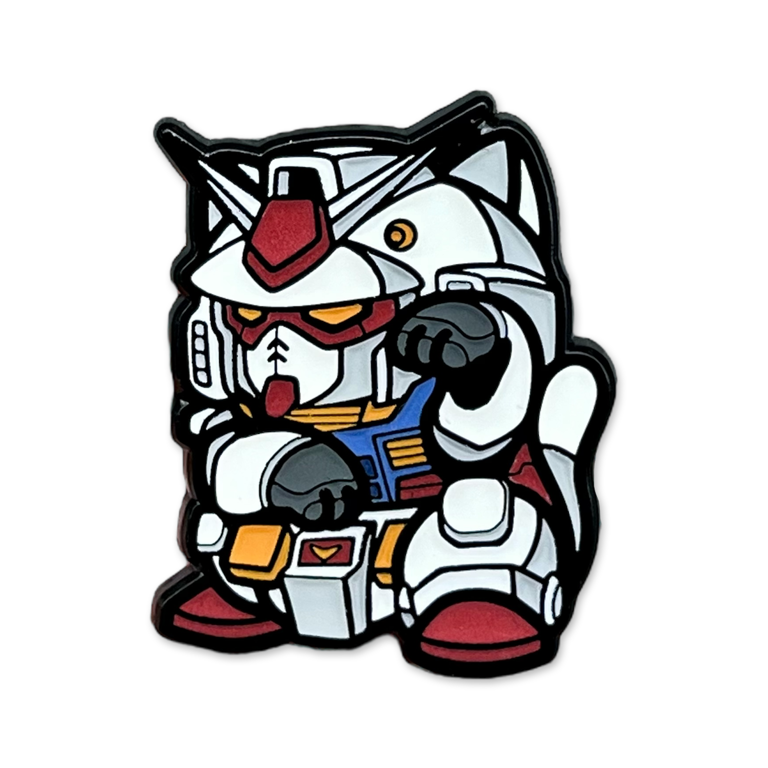Mecha Neko Pin enamel pin depicting a mecha robot in a lucky cat maneko pose.