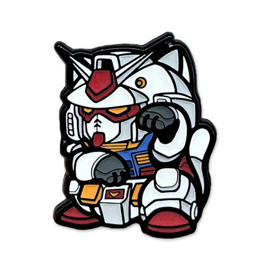 Mecha Neko Pin enamel pin depicting a mecha robot in a lucky cat maneko pose.