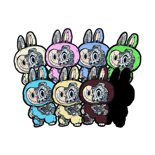 Mechasoul Monster Patch set showing a cute mechanical monsters in different colors with a blacked out mystery patch as well.