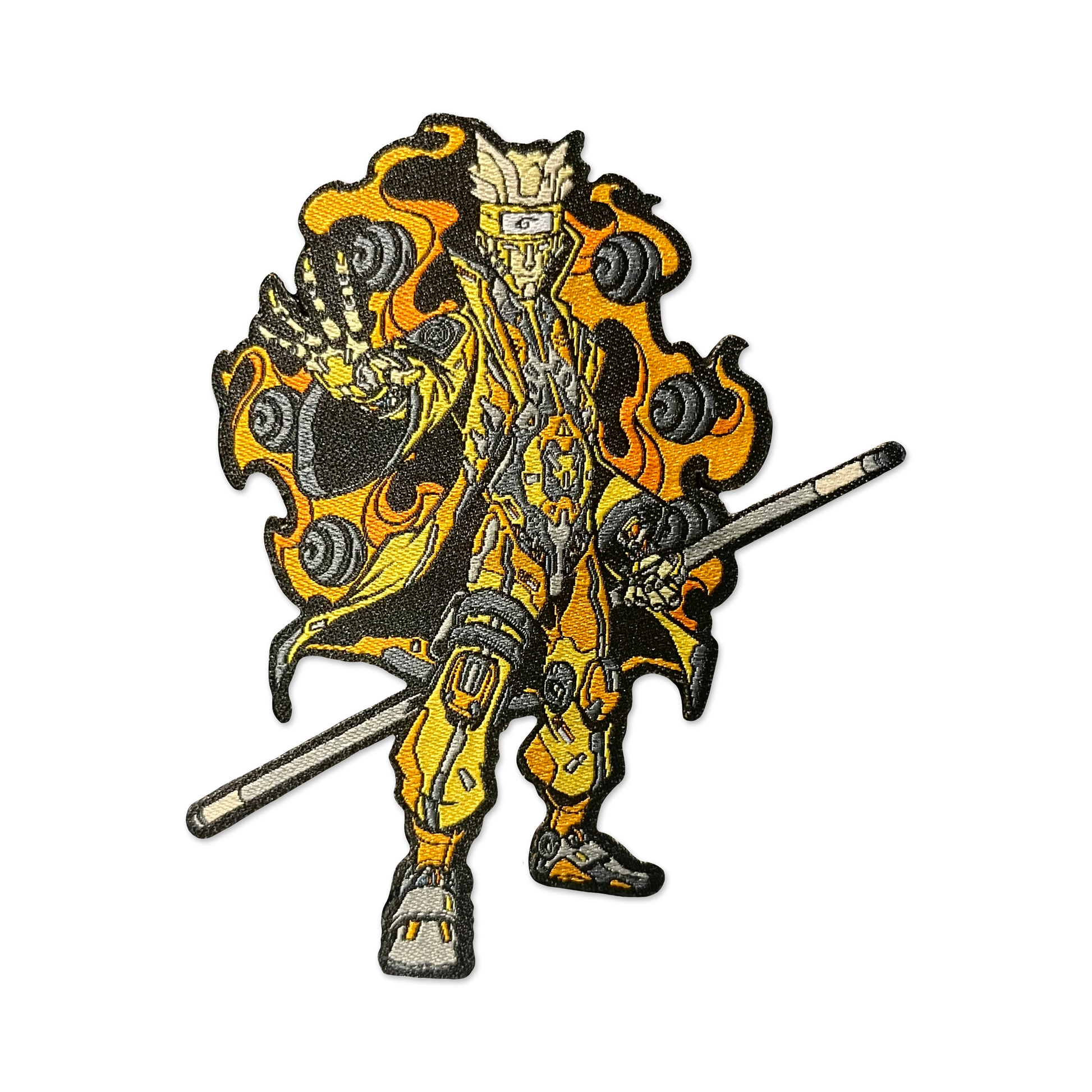Mechasoul Naruto Patch with mechanical boy character holding a stick with fire and orbs around him.