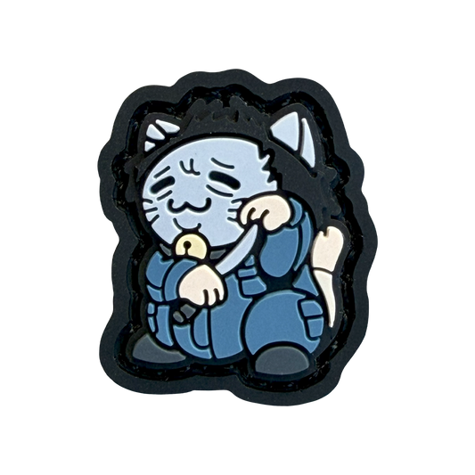 Michael Meyers Neko RE Halloween patch depicting a cat wearing a Michael Myers mask and blue outfit holding a knife in lucky cat pose.