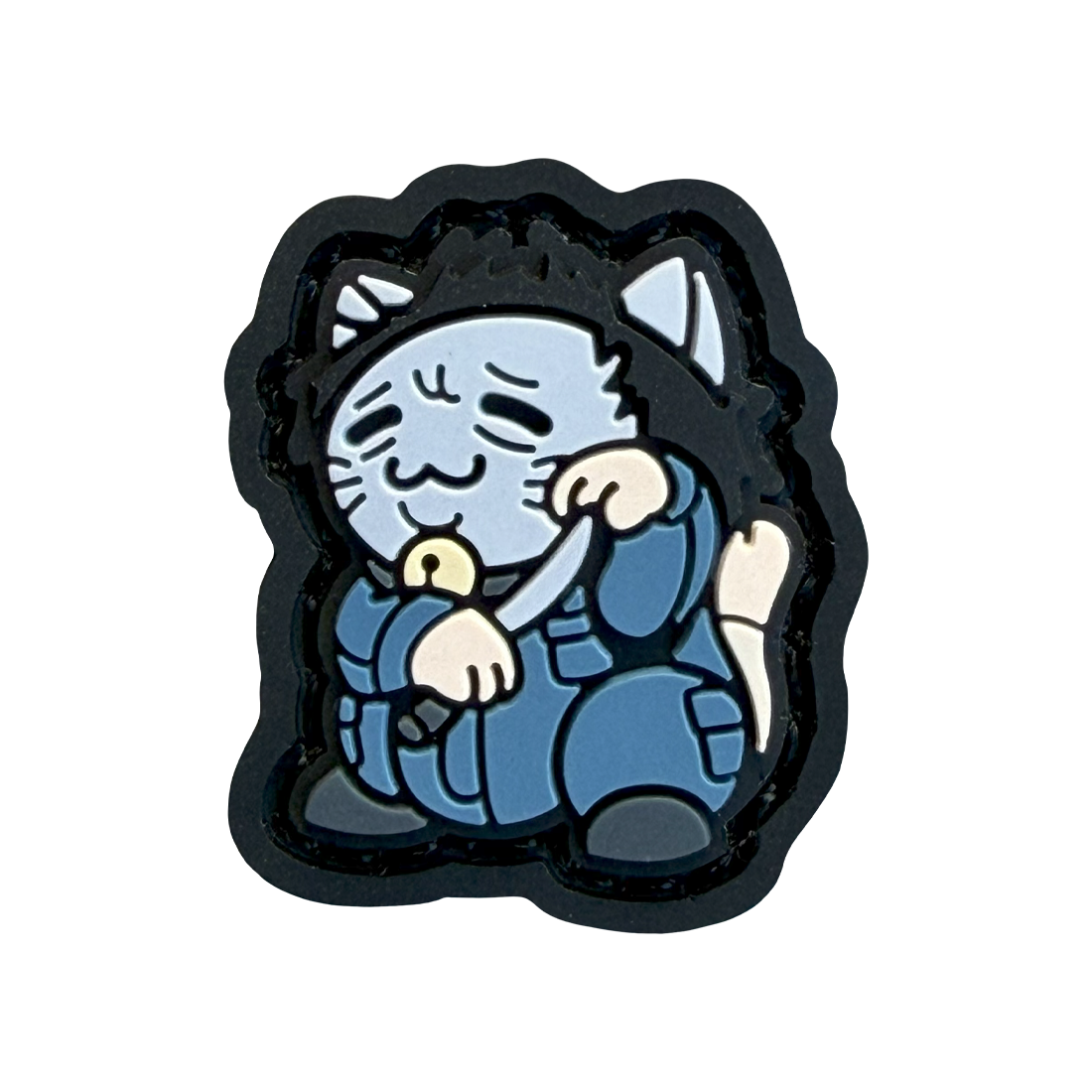 Michael Neko RE Halloween patch depicting a cat wearing a Michael mask and blue outfit holding a knife in lucky cat pose.