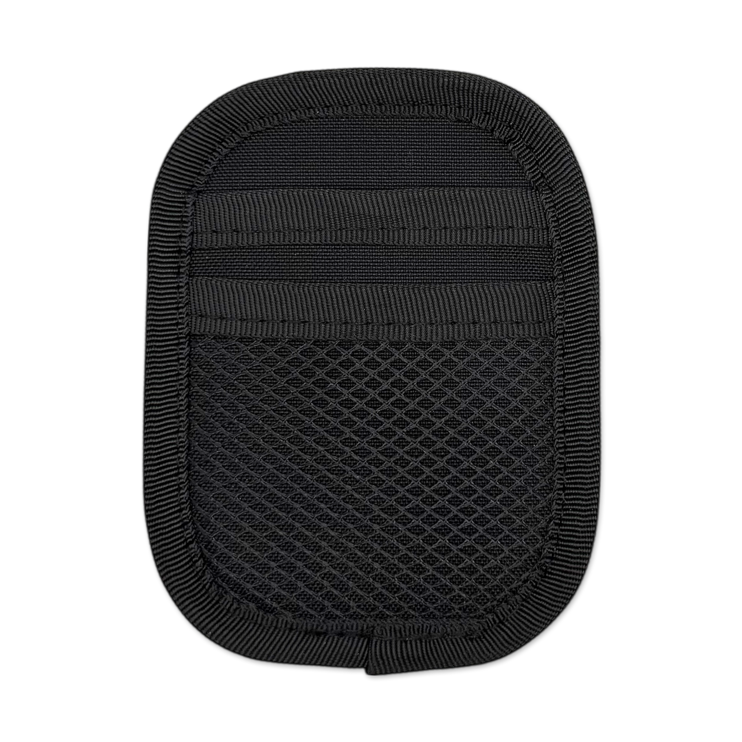 A black flat pad showcasing two elastic loops on top and a mesh pocket on the bottom.