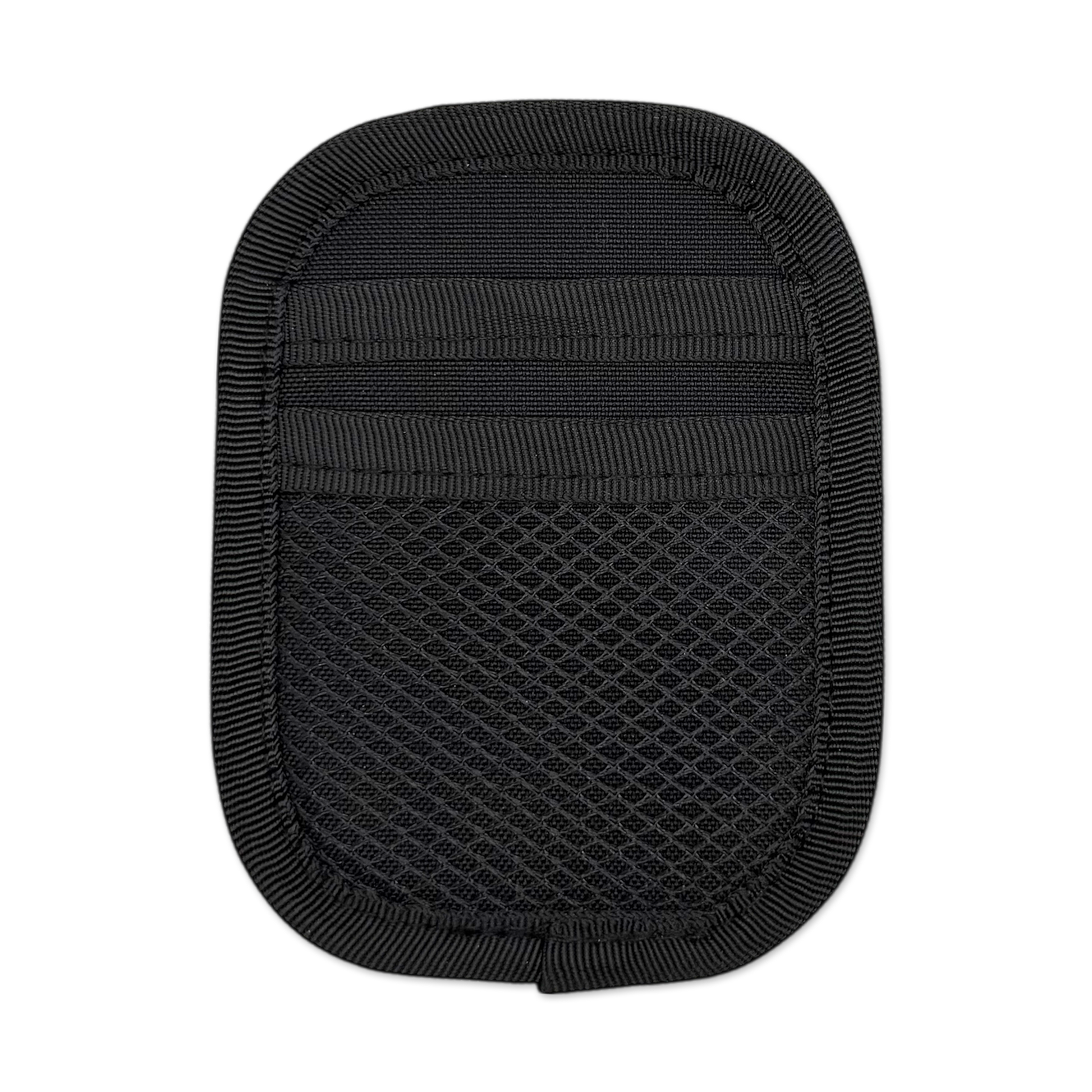 A black flat pad showcasing two elastic loops on top and a mesh pocket on the bottom.