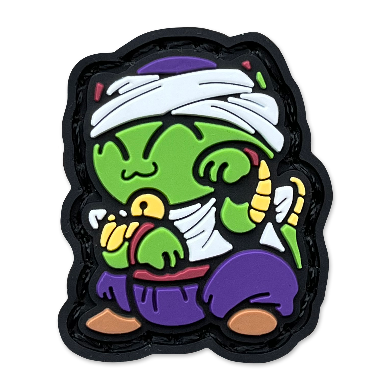 Namek Guardian Neko RE ranger eye pvc morale patch of Colorful cartoon character with green skin, purple outfit, and white headband on a black border.