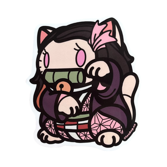 Neko 10 Sticker of a cartoon character dressed in pink in a lucky cat maneki-neko  pose.