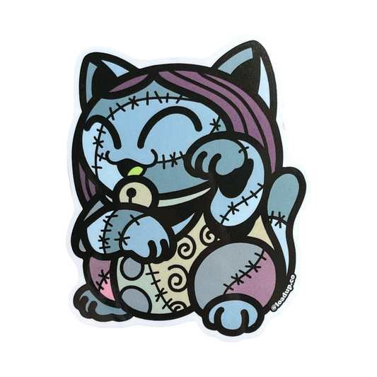 Neko 12 Sticker of a blue patchy cartoon character in a lucky cat maneki-neko pose.