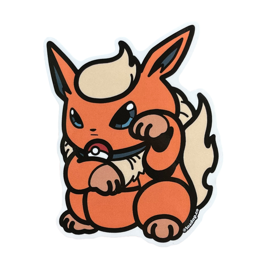 Neko 19 Sticker of an orange monster cartoon character in a lucky cat maneki-neko pose.