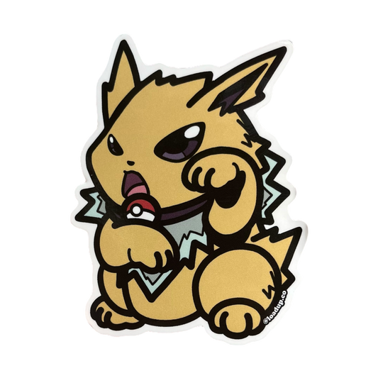 Neko 20 Sticker of a yellow monster cartoon character in a lucky cat maneki-neko pose.