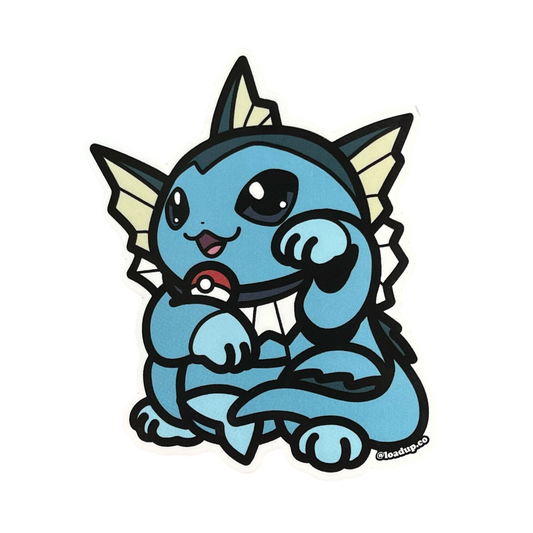 Neko 21 Sticker of a blue cartoon character in a lucky cat maneki-neko  pose.