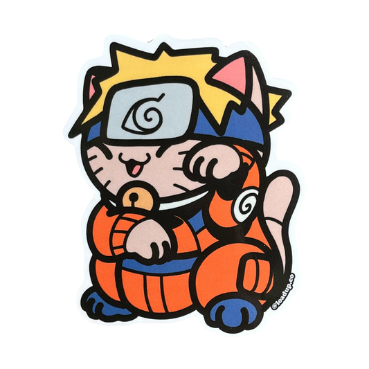 Neko 23 Sticker of a blond anime character with headband and orange jumpsuit in a lucky cat maneki-neko pose.