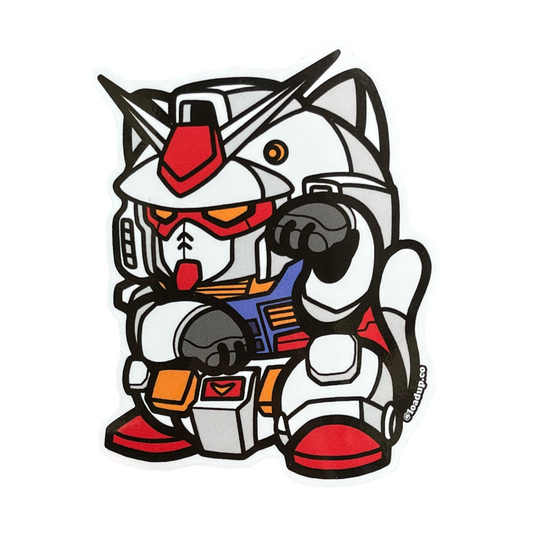 Neko 24 Sticker of a white and red robot in a lucky cat maneki-neko  pose.