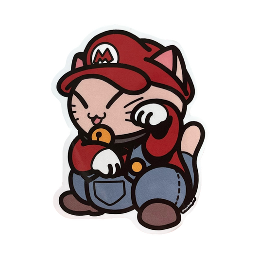 Neko 27 Sticker of a cartoon character wearing a red hat in a lucky cat maneki-neko pose.