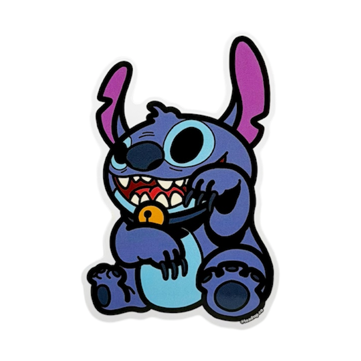 Neko 28 Sticker of a blue alien cartoon character sitting in a lucky cat maneko pose.