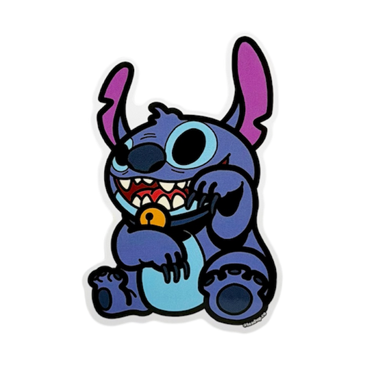 Neko 28 Sticker of a blue alien cartoon character sitting in a lucky cat maneko pose.