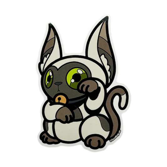 Neko 31 Sticker depicting a cartoon lemur creature in a lucky cat maneki neko pose.