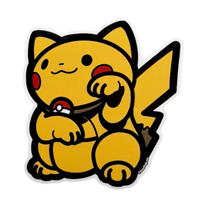 Neko 34 Sticker depicting a cartoon yellow mouse monster in a lucky cat maneki neko pose.