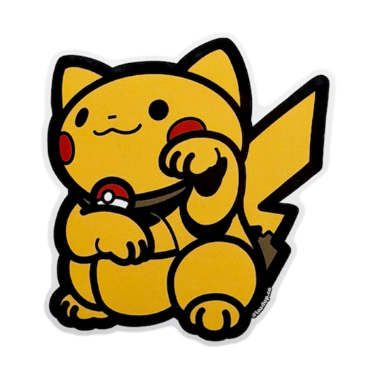 Neko 34 Sticker depicting a cartoon yellow mouse monster in a lucky cat maneki neko pose.