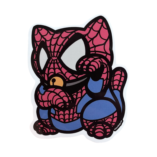 Neko 6 Sticker of a red and blue superhero sitting in a lucky cat maneki-neko pose.