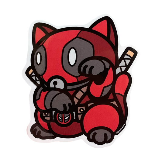Neko 9 Sticker of a superhero character in red in a lucky cat maneki-neko pose.