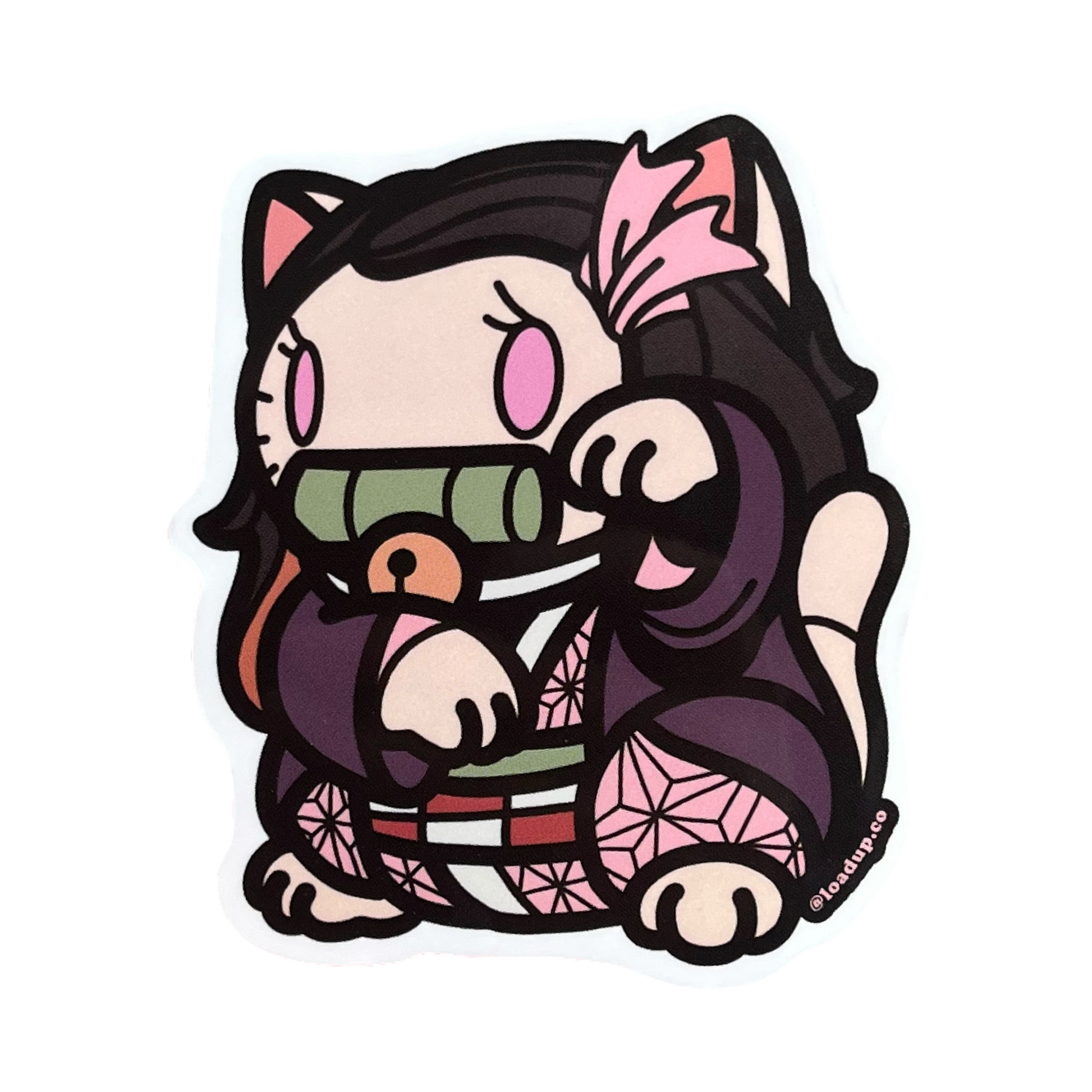 Nezuko Neko Sticker of a cartoon character dressed in pink in a lucky cat maneki-neko  pose.