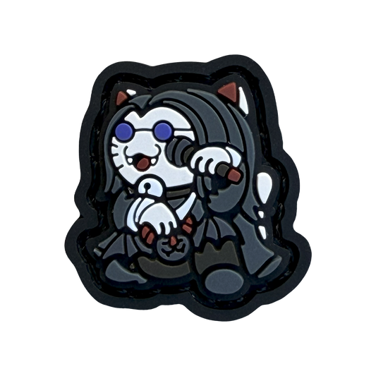 Ozzy Neko RE Halloween rockstar ranger eye patch depicting a cat holding a microphone with sunglasses and long hair standing in a maneko lucky cat pose.