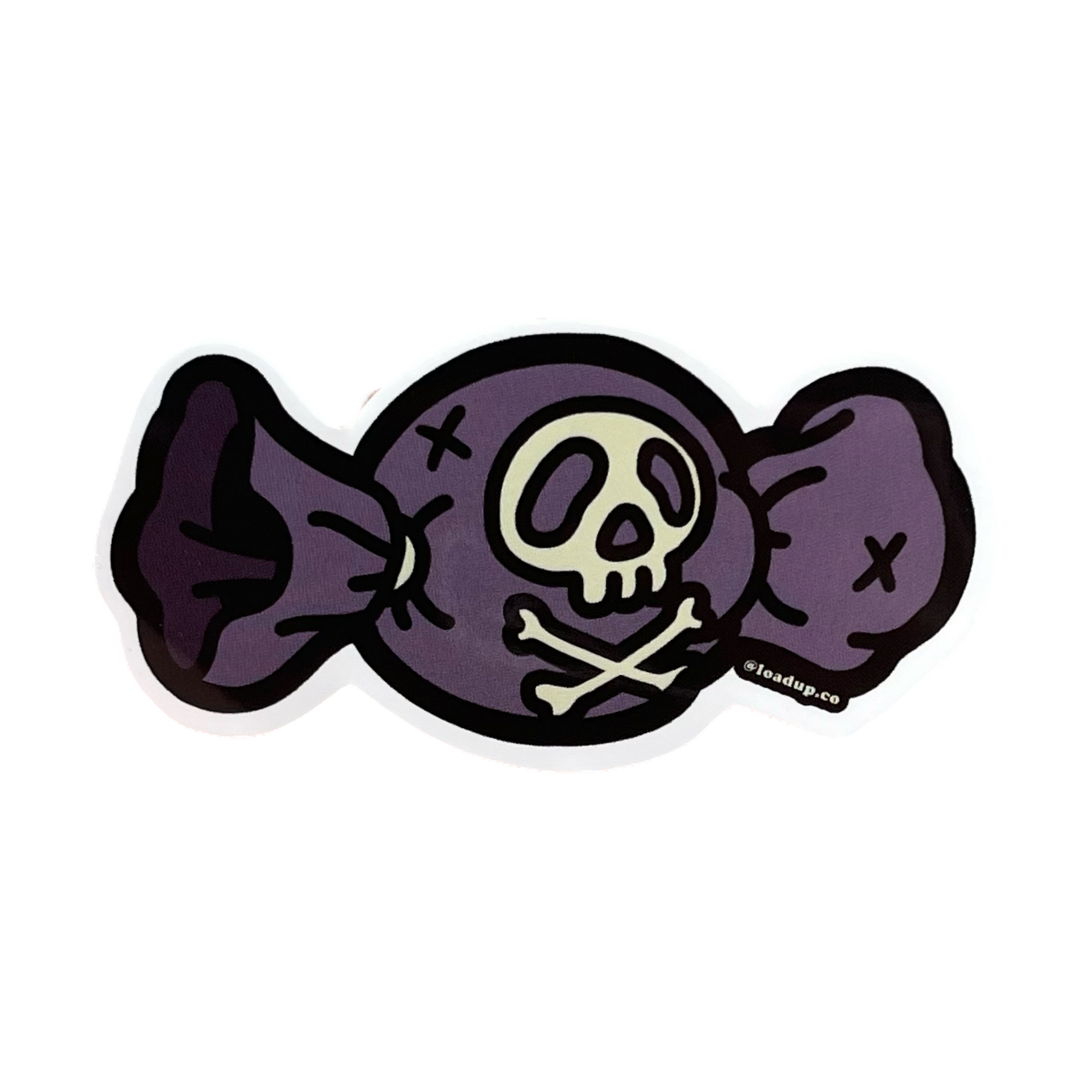 Poison Candy Sticker of a purple candy wrapper with white skull and crossbones.