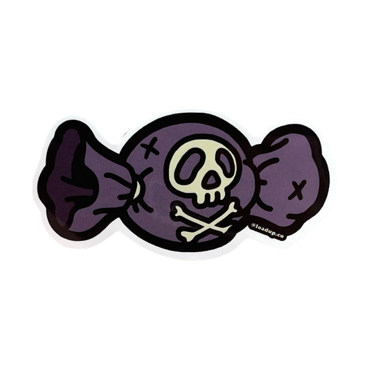 Poison Candy Sticker of a purple candy wrapper with white skull and crossbones.