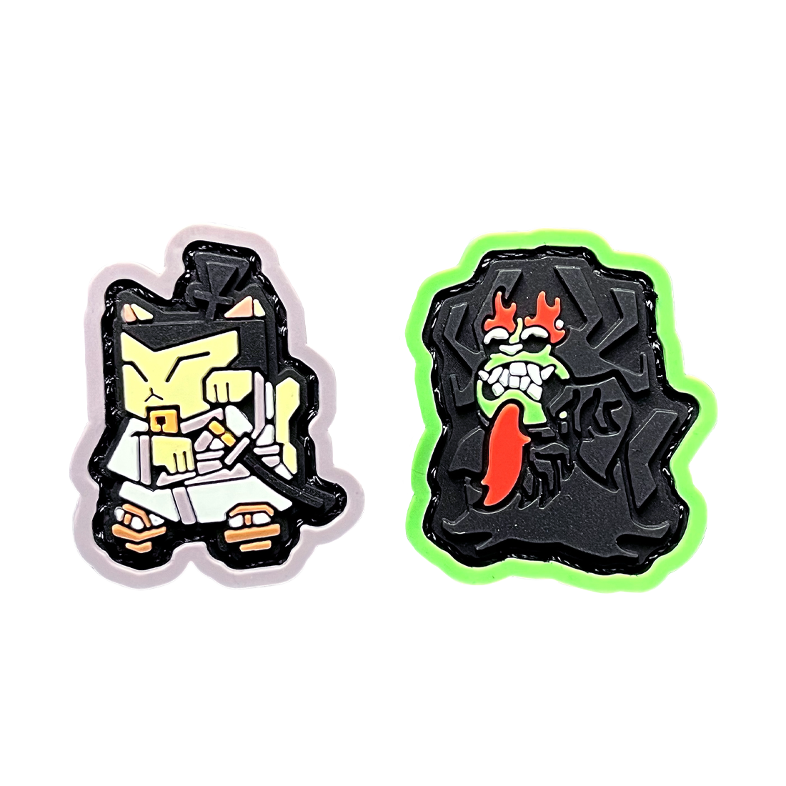 Samurai & Demon Neko RE Set of a cartoon japanese samurai with a sword and a black demon with green face and red beard in a lucky cat maneki neko pose.