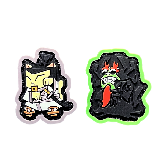 Samurai Jack & Aku Neko RE Set of a cartoon japanese samurai with a sword and a black demon with green face and red beard in a lucky cat maneko pose.