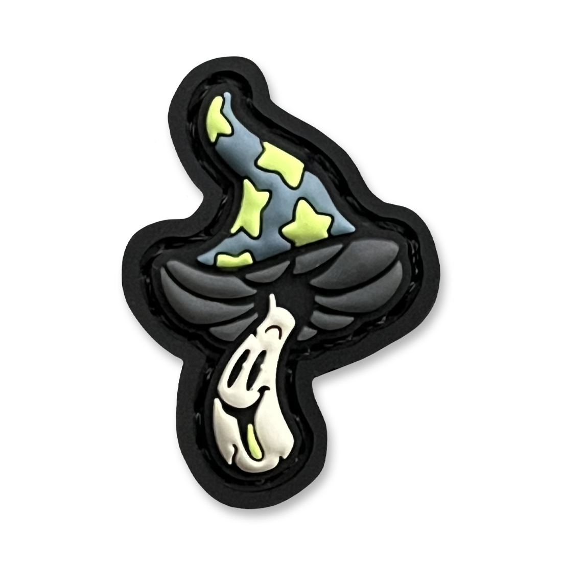 Shroomie Dark RE PVC ranger eye morale patch of a smiling gray and green mushroom character.