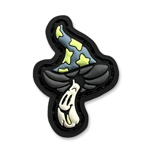 Shroomie Dark RE PVC ranger eye morale patch of a smiling gray and green mushroom character.