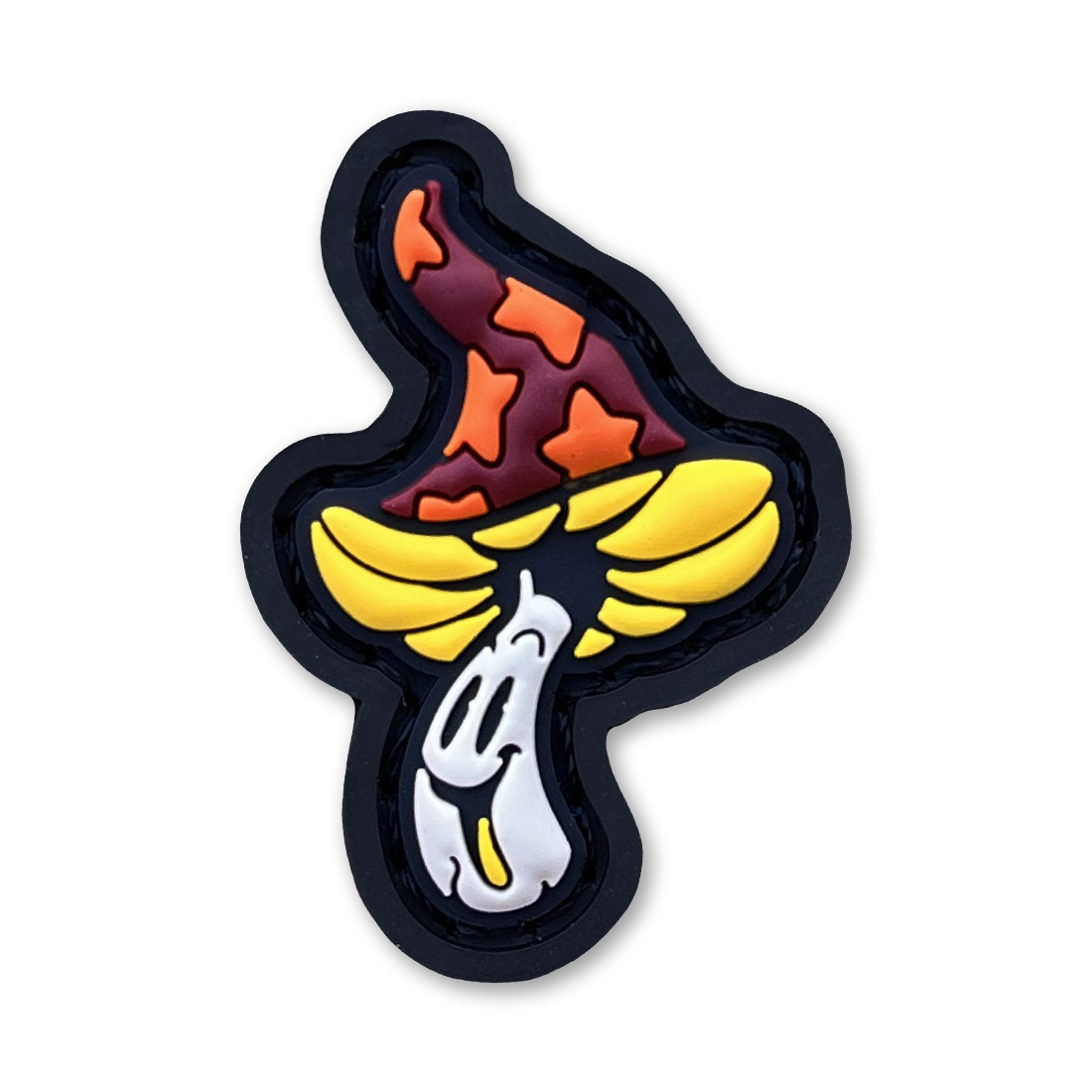 Shroomie RE - Fire PVC ranger eye morale patch of a smiling mushroom character with an orange and yellow cap.