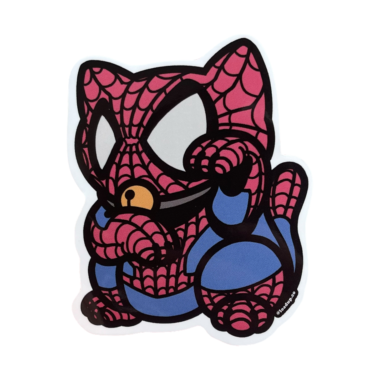 Spider-Man Neko Sticker of a red and blue superhero sitting in a lucky cat maneki-neko pose.