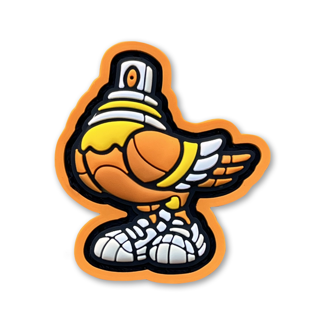Spraygeon RE - Candy Corn PVC ranger eye morale patch of a pigeon with a spray can cap head wearing sneakers.