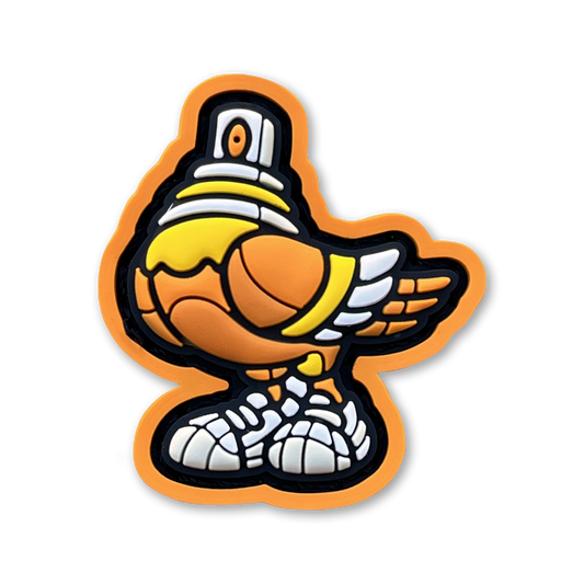 Spraygeon RE - Candy Corn PVC ranger eye morale patch of a pigeon with a spray can cap head wearing sneakers.